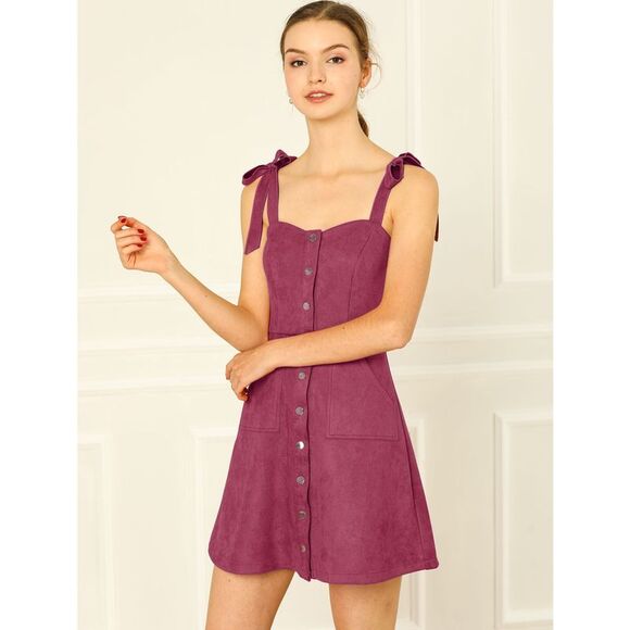 Women Pinafore Overall Dress Button Down Faux Suede with Pockets Wine Red - Picture 3 of 6